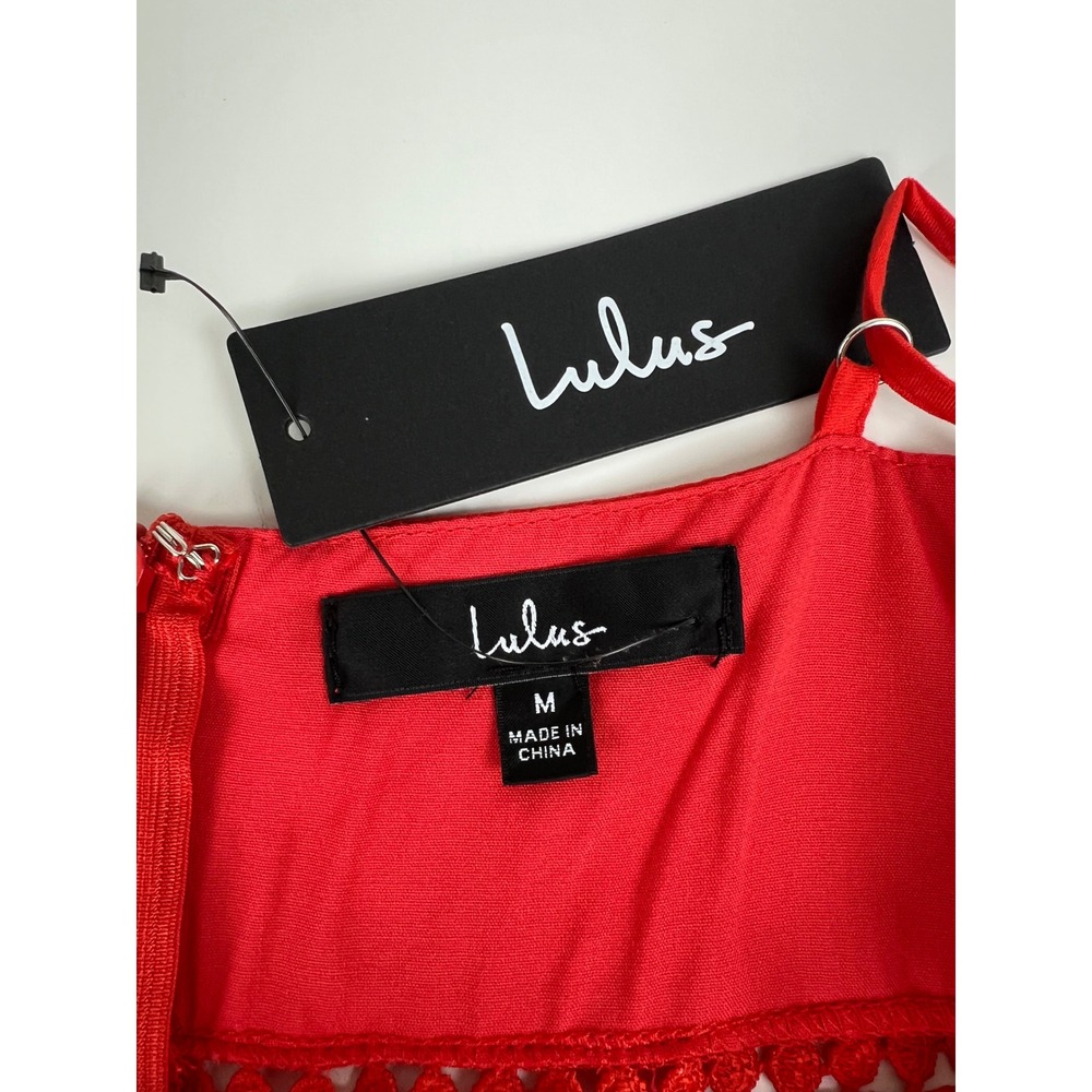 NWT Lulus Serene Soul Bright Red Crochet Lace Tiered Mini Dress Size M Boho - Picture 10 of 11